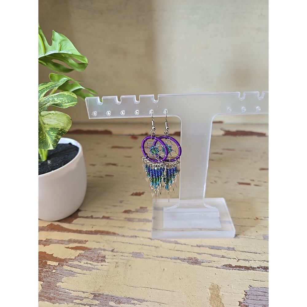 Purple Blue Magic Dream Catcher Beaded Boho Fashion Jewelry Dangle Earrings